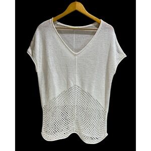 Gianni Bini Womens Cream V-Neck Knit Top Crochet Mesh Hem Size L Boho Coastal
